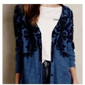 Moth Anthropologie Women's Large L Blue Floral Button Up V Neck Cardigan Y2K